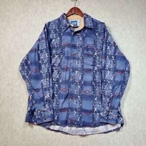 Wrangler Shirt Men Blue Aztec Print Cowboy Western Collar Pearl Snap Button Down